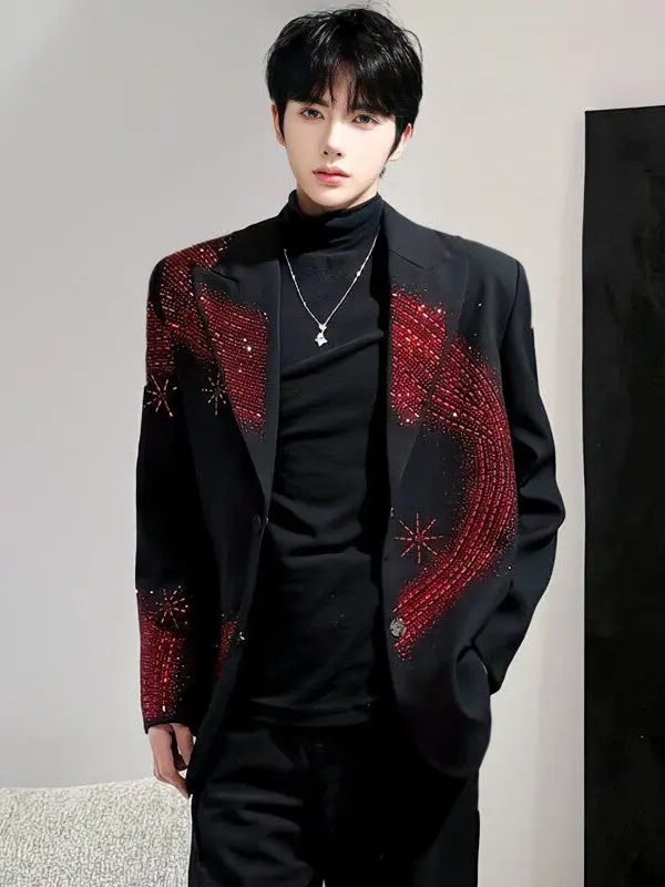 

Мужской модный клубный костюм-пиджак с подплечниками, инкрустированный стразами, роскошный, повседневный, классический, с длинными рукавами, на пуговицах