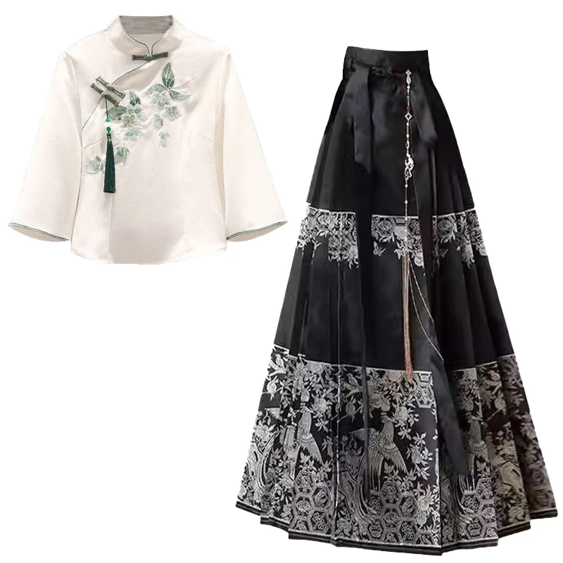 

Новый китайский комплект: юбка и топ в стиле Ханьфу, облегающий, в национальном стиле, из полиэстера, весна 2025, дизайн.