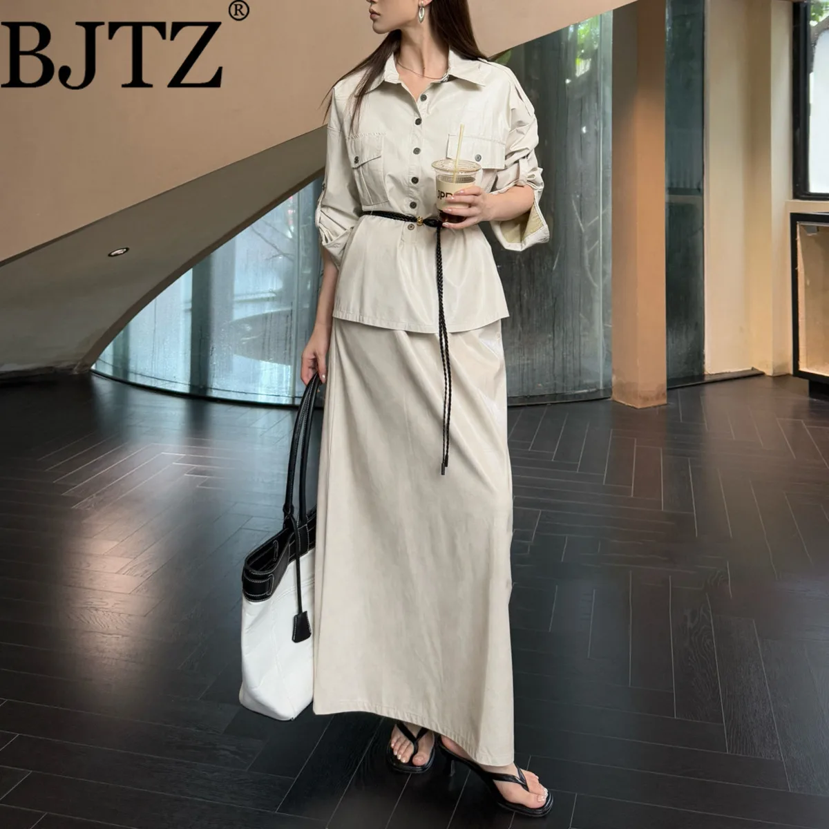 

BJTZ Surface из искусственной кожи с лацканами, однобортная рубашка с длинными рукавами + повседневная юбка, комплект из двух предметов для женщин, весна-осень 2021, новый прилив