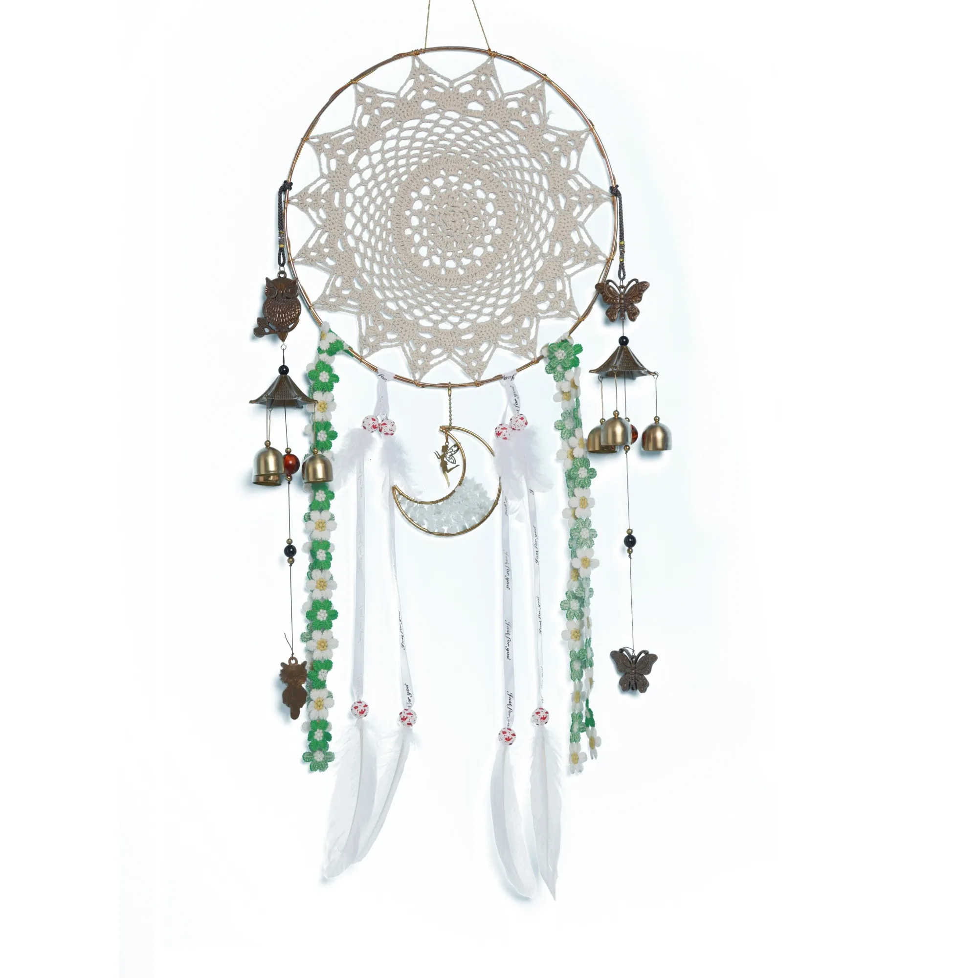 

Vintage Dream Catcher Owl Wind Chimes Dangling Half Moon Shape Crystal Stones Dreamcatchers Butterfly Windchimes Gift For Kids