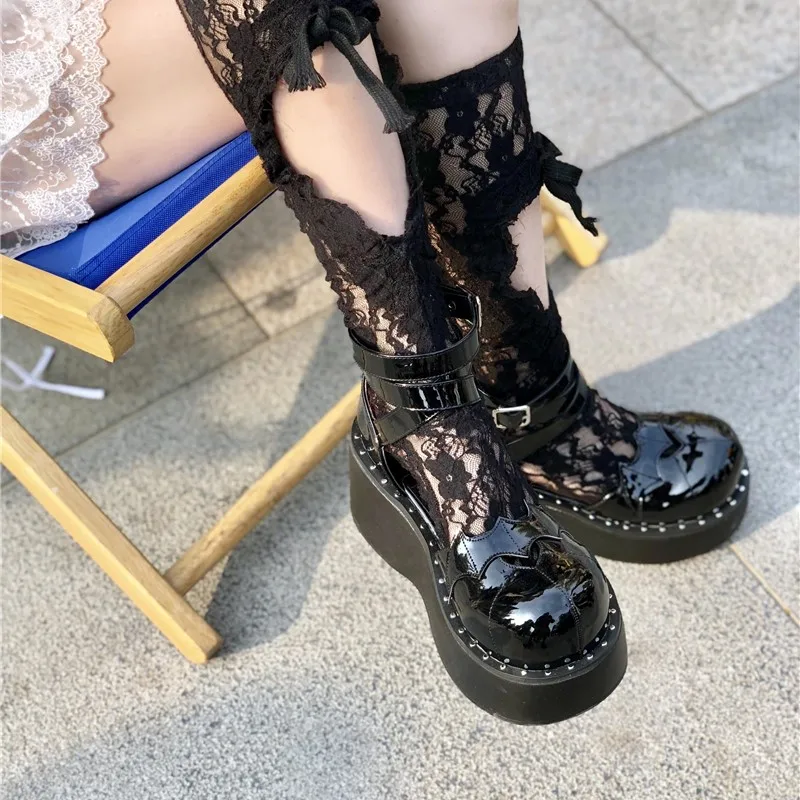 فاسق كابوس القوطية فتاة لوليتا أحذية مستديرة رئيس الساخن مثير فتاة سوداء سميكة القاع المرأة الصيف لولي الصنادل تأثيري القوطي #5