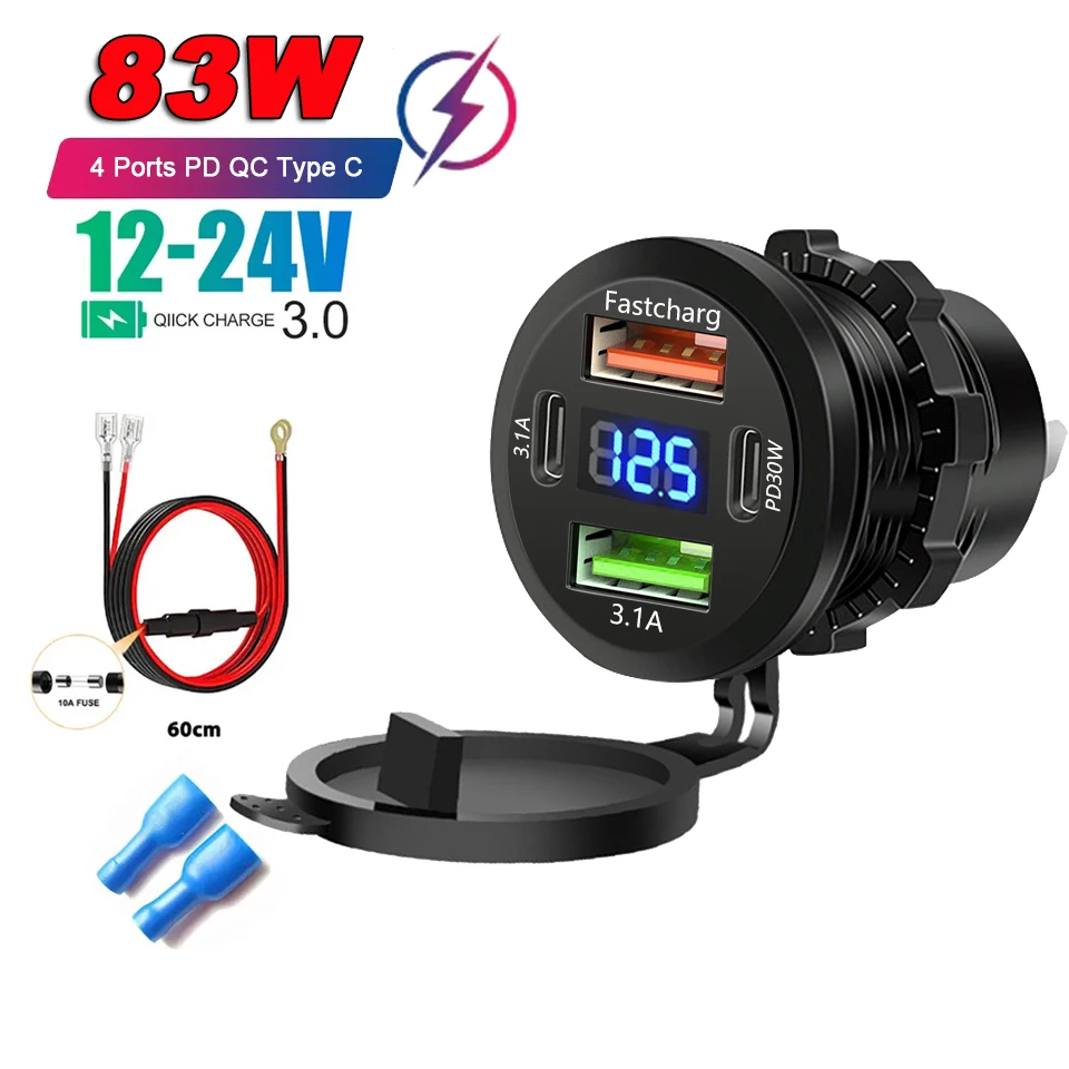 86W Dual QC3.0 USB & Dual PD3.0 Autoladegerät Steckdose Typ-C Schnellladesteckdose mit LED-Voltmeter 12-24V für Autos