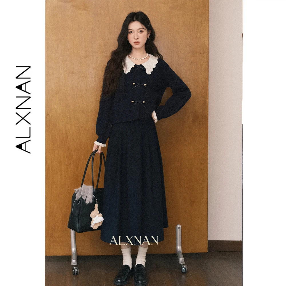 ALXNAN Navy Blue Sweater Women 2026 Autumn Color Block Lapel Bow Placket Elegant Long Sleeve Knit Sweater Ladies DYL662163