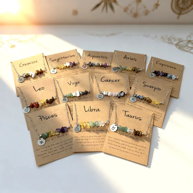 Twelve Zodiac Signs Natural Irregular Crushed Stone Pendant Necklace Greeting Card Gift