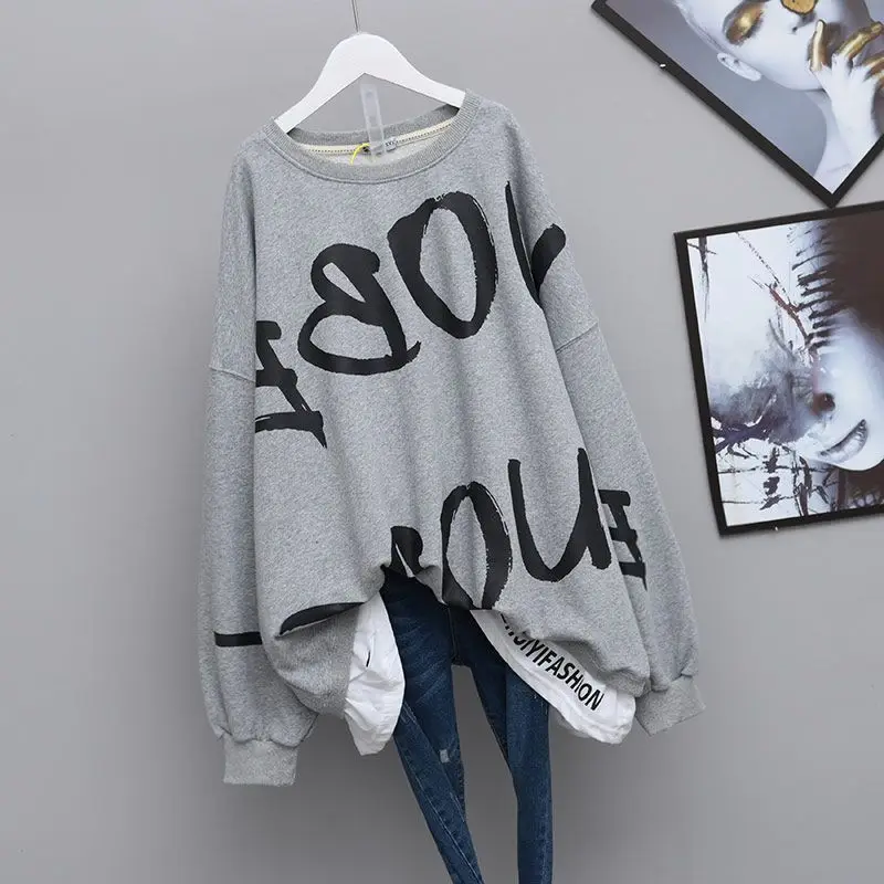 Lettere stampa Patchwork oversize Streetwear Hip Hop donna felpa Casual manica lunga Pullover Top abbigliamento 2023 4XL