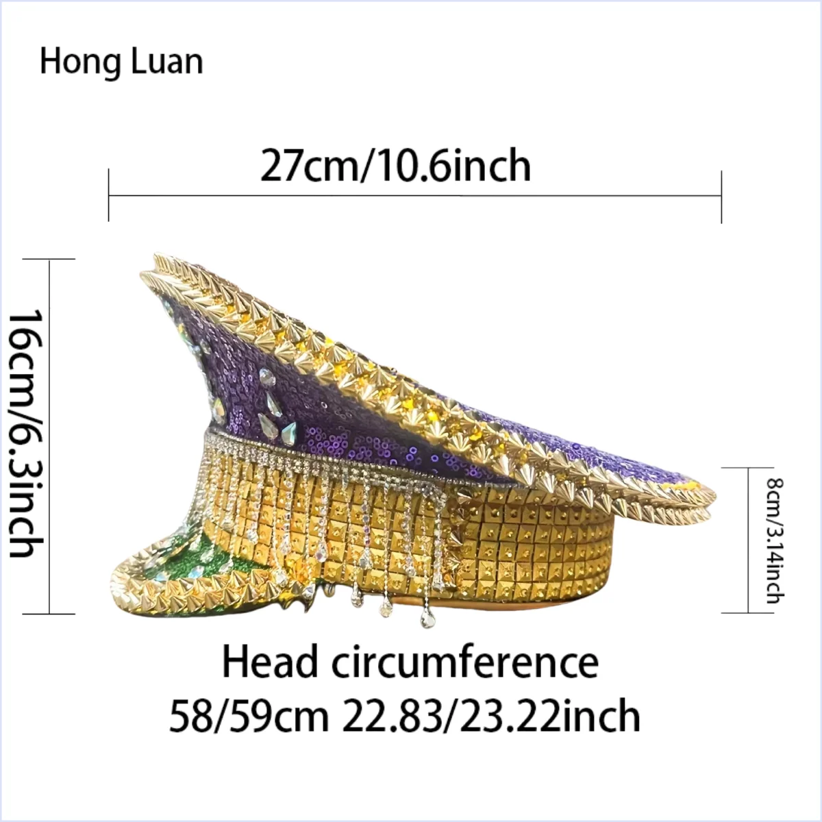 HongLuan Yellow Laser Leather Loop Captain Hat Rhinestone & Military Caps for Woman, Rave Festivals Accessories ＆ Party Cap Man