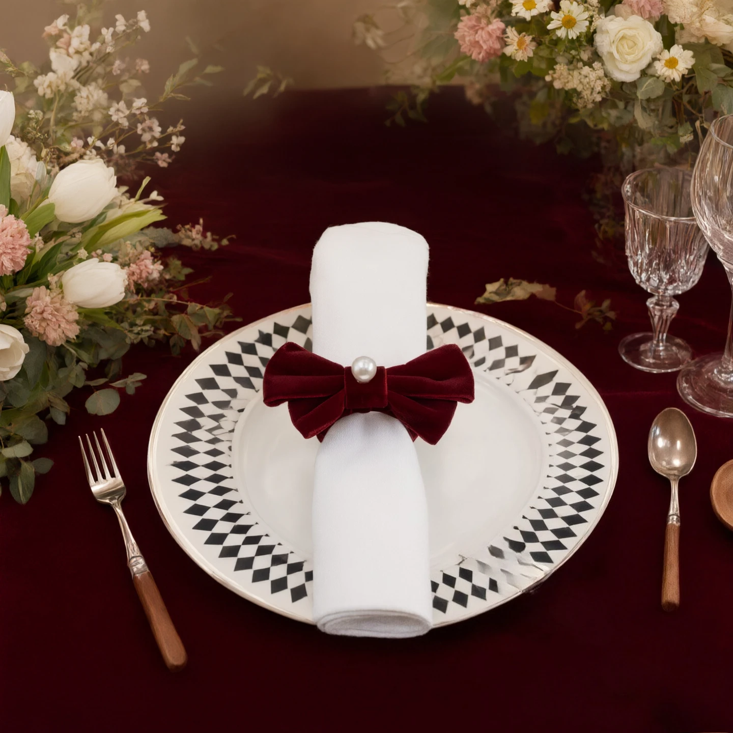 2Pcs Burgundy Velvet Bowknot Napkin Rings Christmas Wedding Party Table Decor Holiday Banquet Napkin Holders