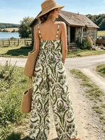 Women's Boho Floral Print Jumpsuit, Casual Summer Spaghetti Strap Wide-Leg Romper, Beach Vacation Jumpsuit with Pockets - Image 2