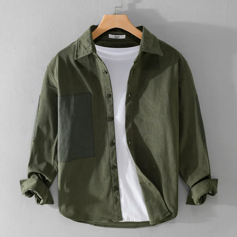 Retro Spring Autumn Corduroy New Patchwork Men's Polyester 100% Daily Casual Shirts For Men Loose High Street Clothes Tops