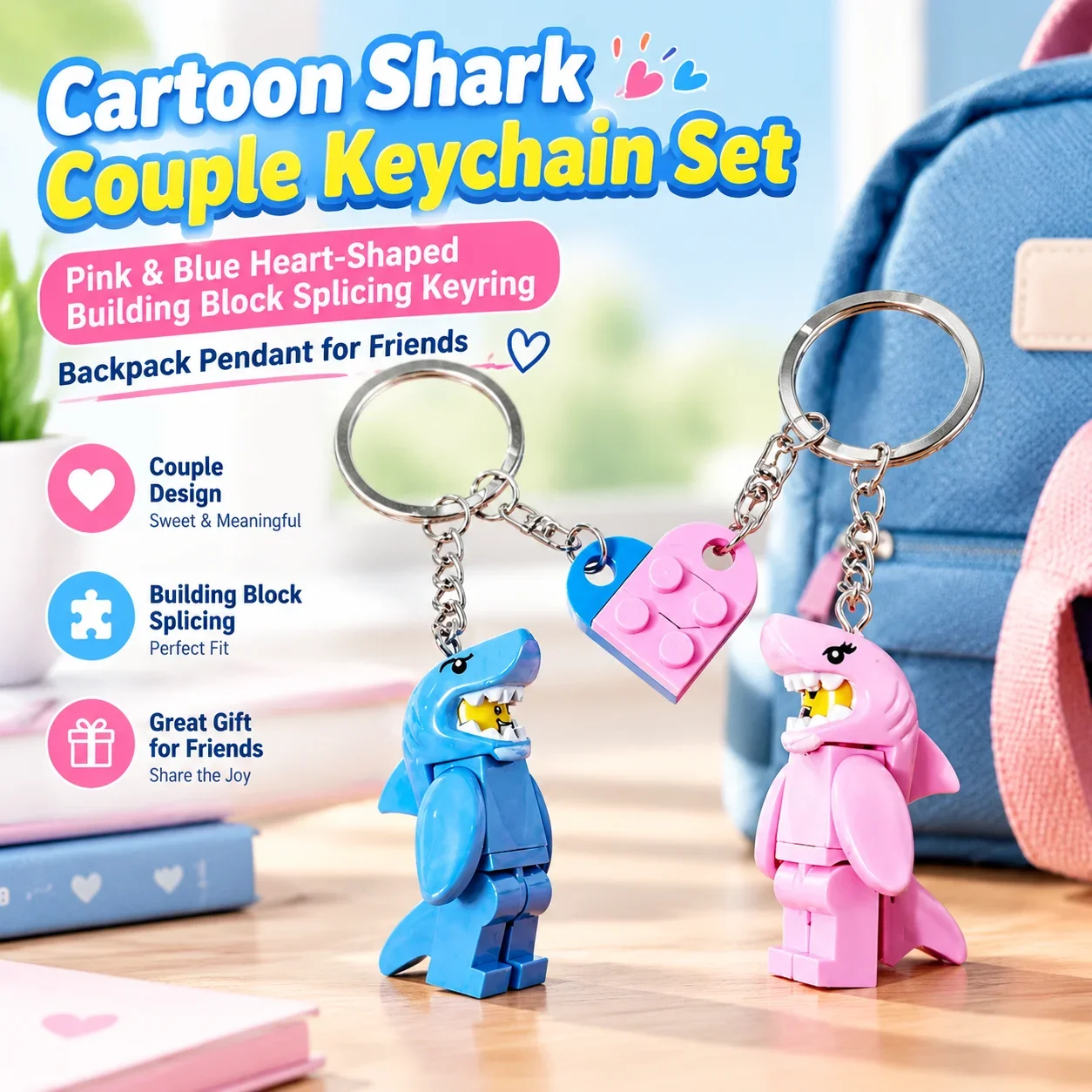 Cartoon Shark Couple Keychain Set, Pink and Blue Heart-Shaped Building Block Splicing Keyring, Backpack Pendant for Friends