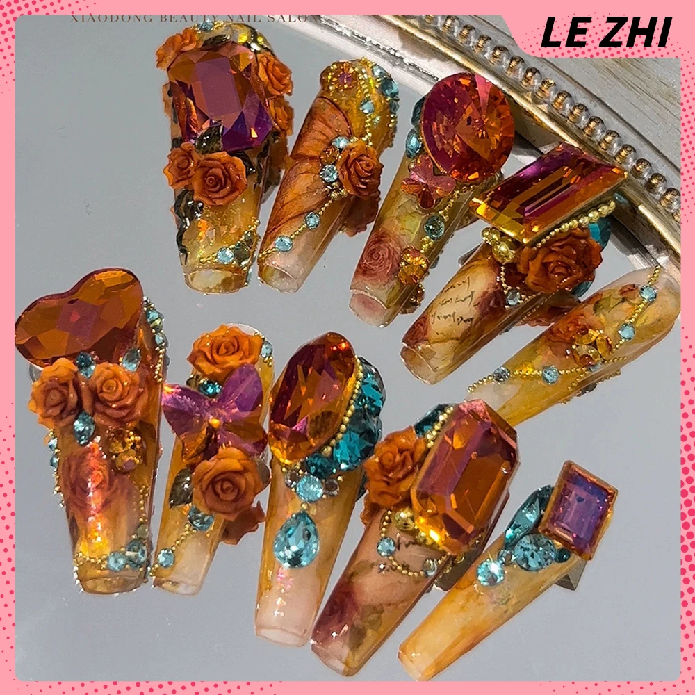 

Autumn Brown Vintage Rose Press On Nails Party Sticker 3D Zircon Detachable Repeat Use Advanced Customization False Nails