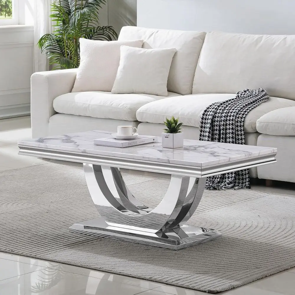 

Luxury White Marble Coffee Table with Silver U-Shape Base, 46.8 Modern Cocktail Table