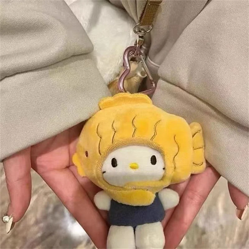 2024 Sanrio Fish Hood Hello Kitty Plush Toys Children Anime Kitty Pendant Keychains Girls Kawaii Car Keyring Women Birthday Gift