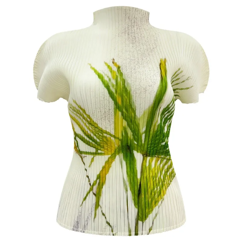 Miyake Pleated 2026 Forest Green Plant Oil Painting Pleated Shirt Stand Collar Off-Shoulder Short Sleeve Printed Top for Women