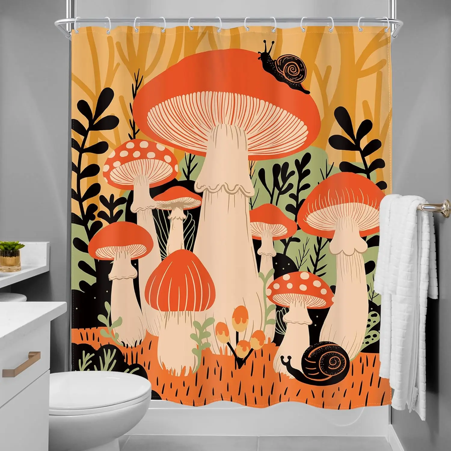 Vintage Mushroom Shower Curtain – Boho Retro Art, Orange Red Fungi Design for Rustic Mid-Century Bathroom Decor