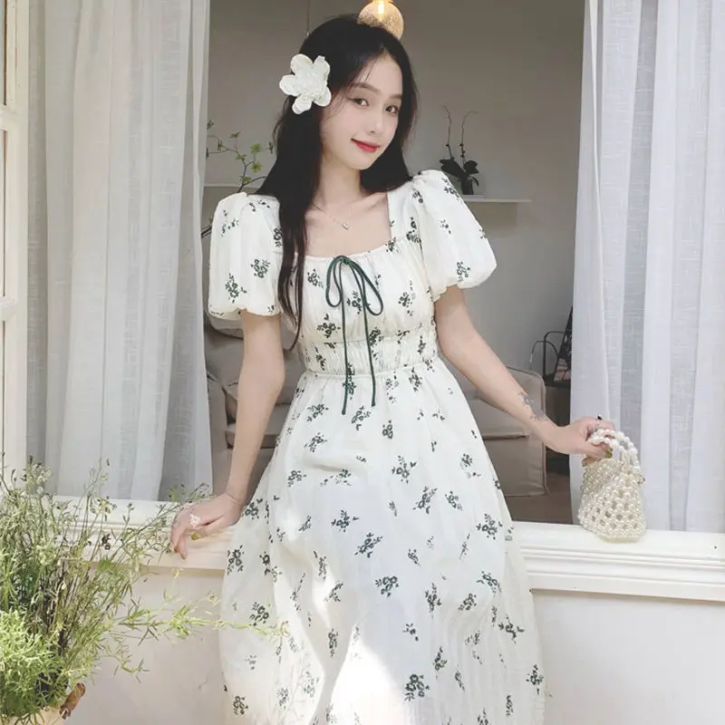 여름 요정 꽃 프린트 비치 드레스 여성 한국어 스위트 스퀘어 칼라 넥타이 하이 웨스트 a 라인 중간 길이 드레스 세련된