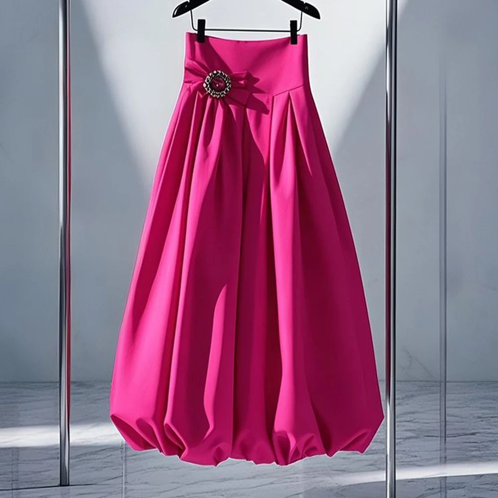 High waist thin drape skirt  high sense dopamine rose red bud skirt women's spring  pink long skirts for women