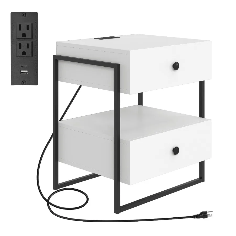 

Pesaro Modern Two Drawer Nightstand with USB Charging Ports Metal Frame White Storage Table for Bedroom