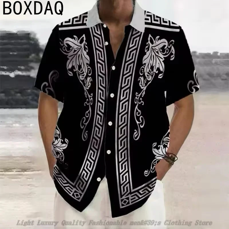 Men's Retro Luxurious National Style Chain Printed Shirt Men's Summer Short Sleeve Lapel Blouse Tops Big Size Casual Shirt Tops