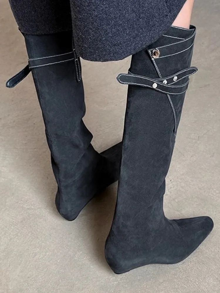 New Fashion Women Cross Strap Buttons Hidden Heels Real Cow Suede Leather Knee High Boots Elegant Women High Top Modern Shoes