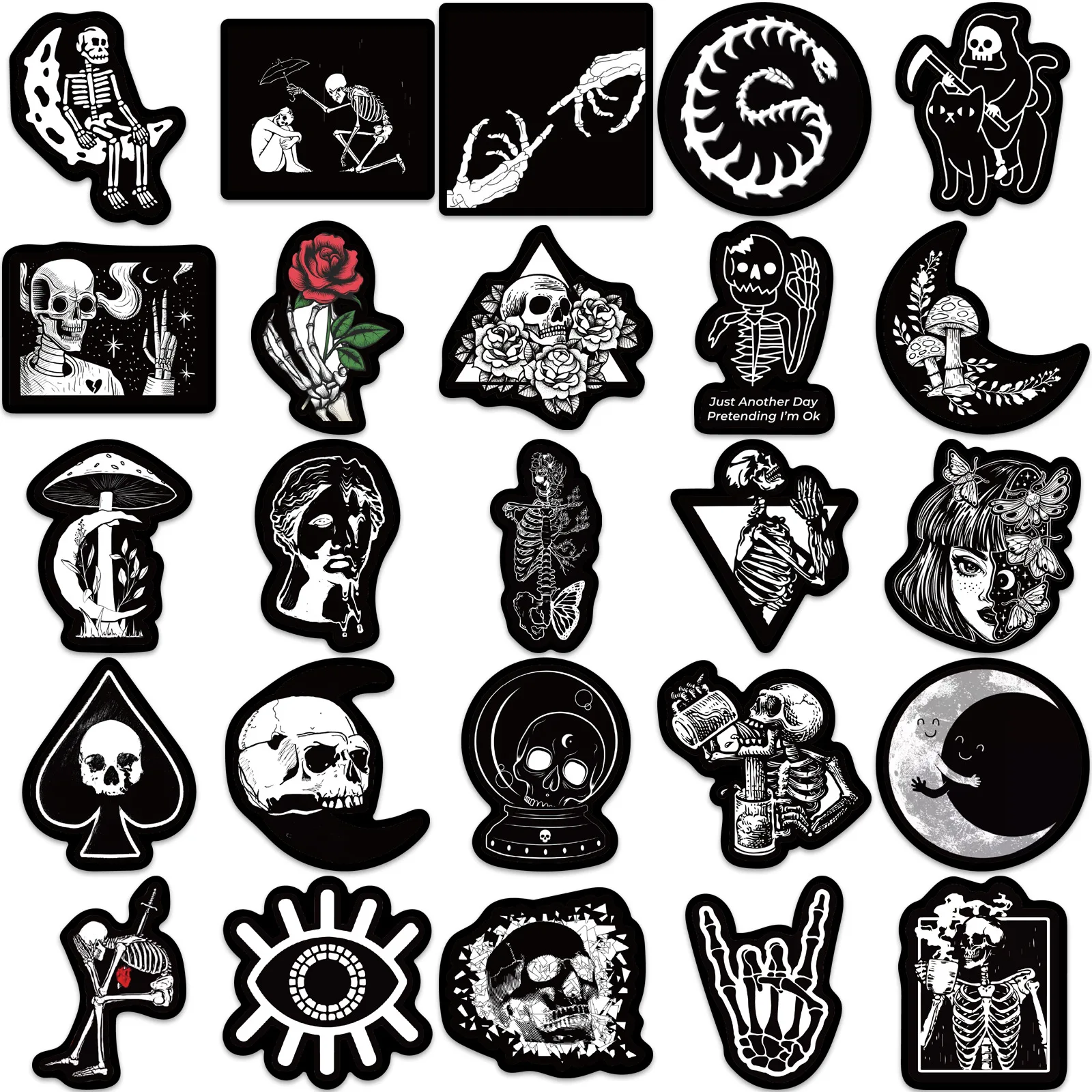 Gothic Graffiti Skull Stickers, preto e branco, decalques legais, DIY para laptop, telefone, motocicleta, capacete, carro, bicicleta, brinquedos,