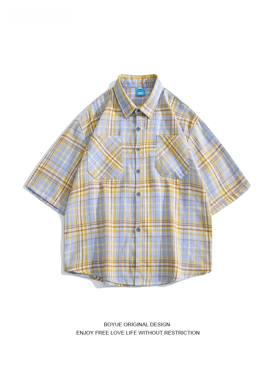 

Boyue Retro Japanese Plaid ort Sve Casual irt for Men Youth Summer Workwear Contrast Color Couple's irt Loose Fit