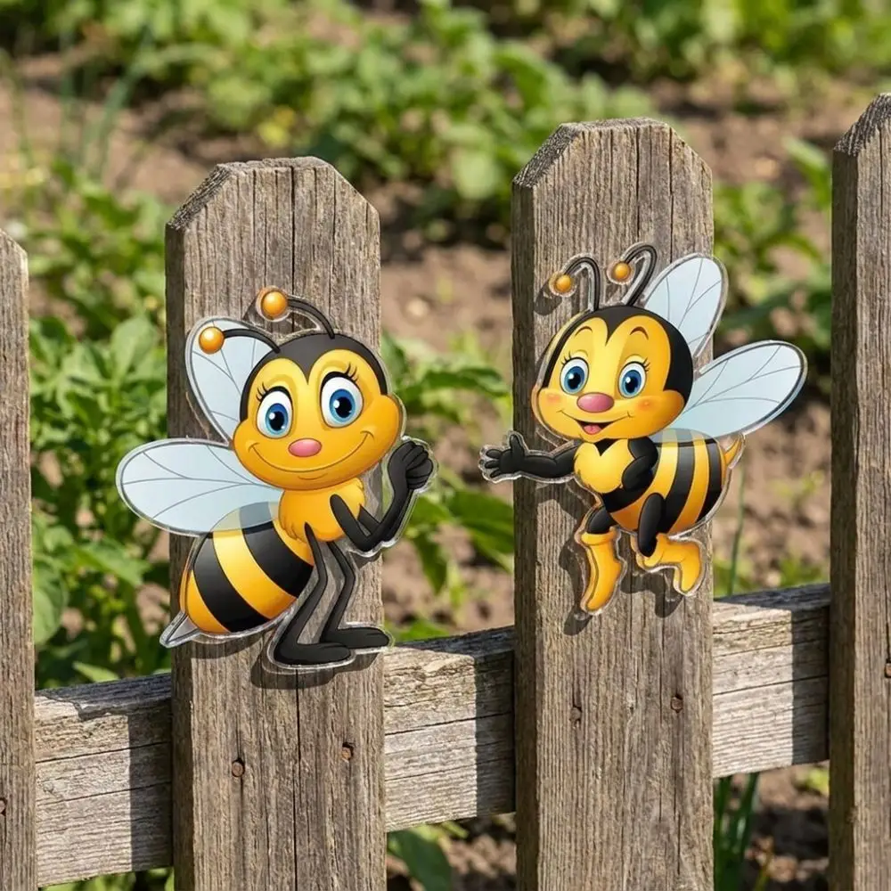 2Pcs 2D Flat Acrylic Cartoon Bee Wall Decor Waterproof Rainproof Bee Fence Wall Ornament Sun Resistant Anti-Fade