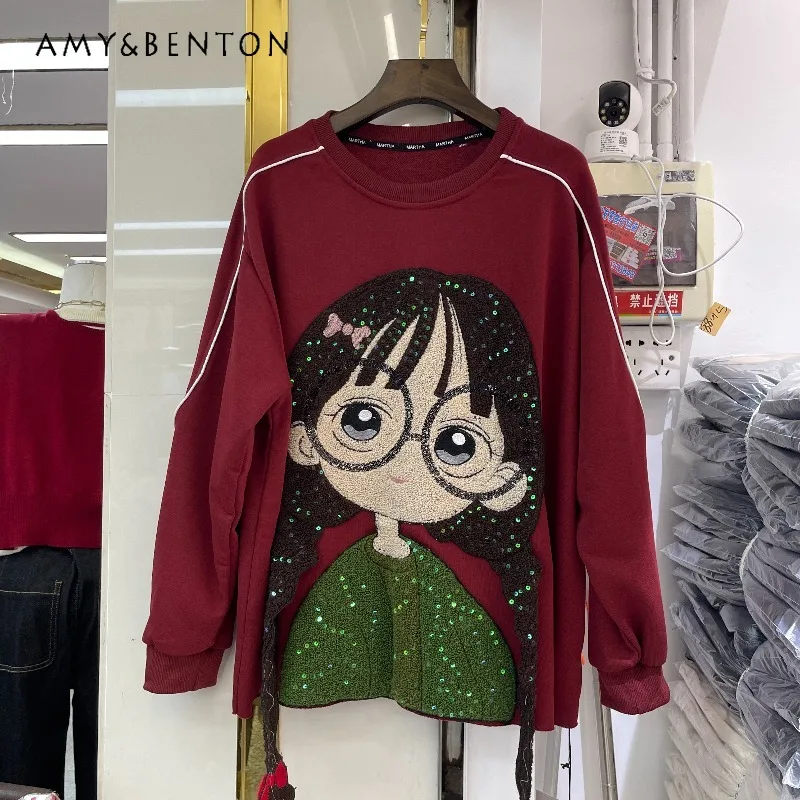 

European Style Trendy Brand Patchwork Cartoon Girl O-Neck Long Sleeves Sweatshirt Loose Fit Oversized Top Women's Autumn Hoodies