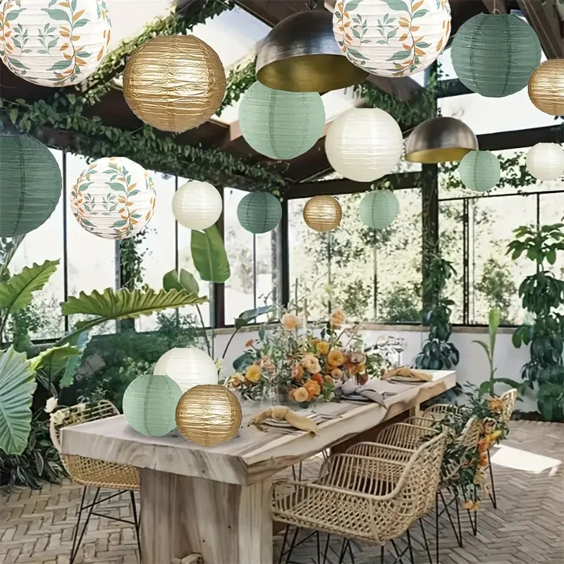18-Piece Green Series Sage Gold Branch Artificial Jade Leaf Paper Lantern Decoration Set, Perfect for Weddings, Bohemian Festival Parties, and Bathroom Decorations, No Electricity Needed, Feather-Free, Holiday Decorations, Wedding Decorations, Rustic Charm, Nature-Inspired Decorations, Lightweight Materials, Feather-Free Decorations, Hanging Decorations, Holiday Shopping, Home Stylist view 5