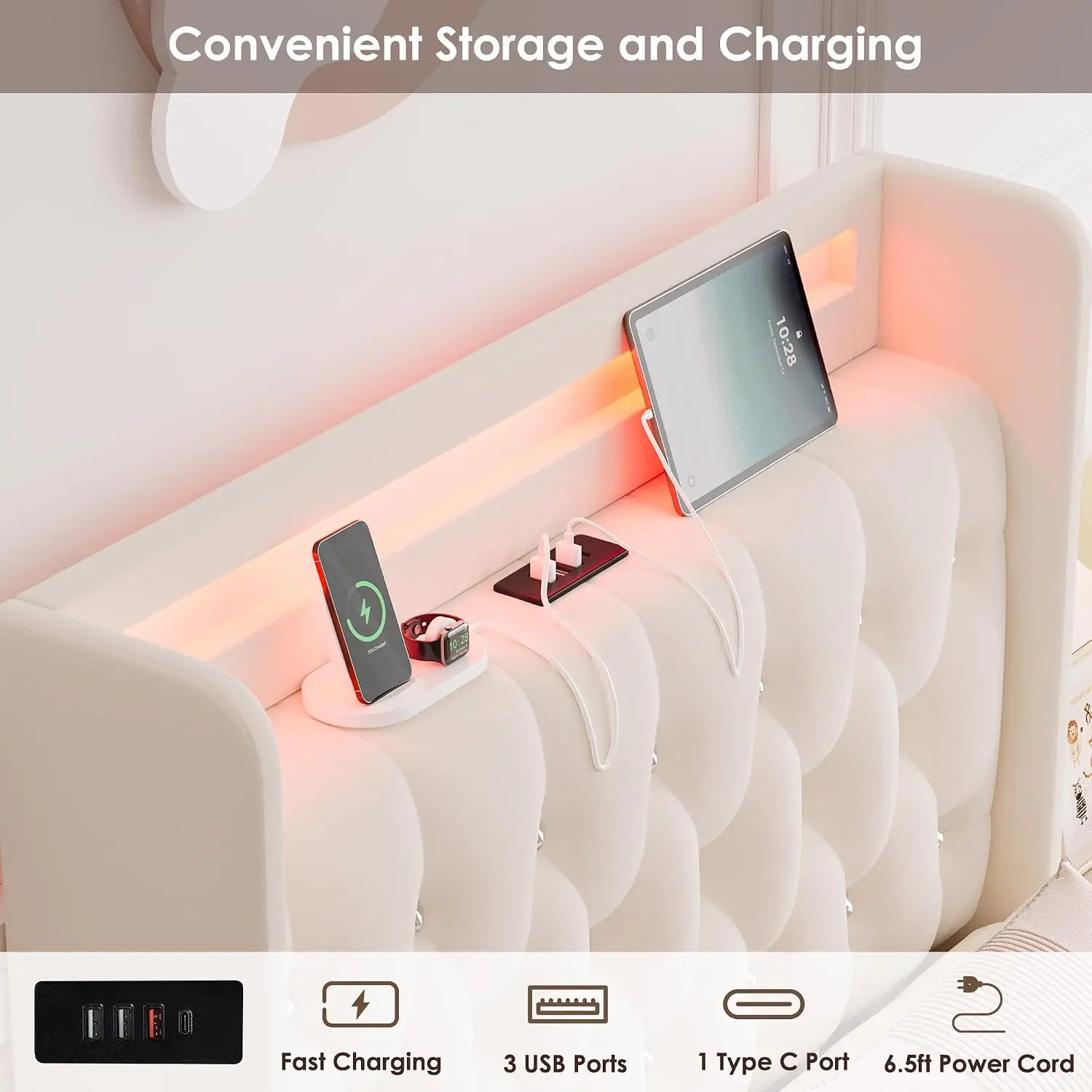 Upholstered Twin LED Bed Frame Storage Charging Headboard Beige, Customized image 4