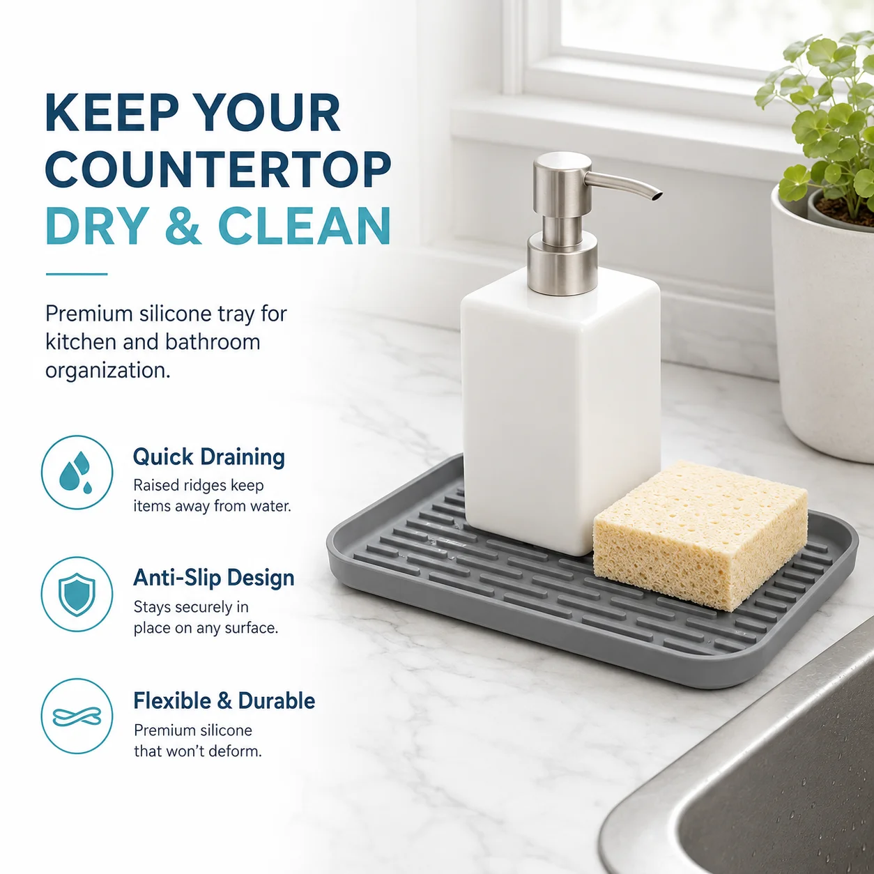 2 Pack Silicone Sink Organizer Tray Dish Drying Mat Sponge Holder Drink Dispenser Drip Tray Heat Resistant for Kitchen Bathroom
