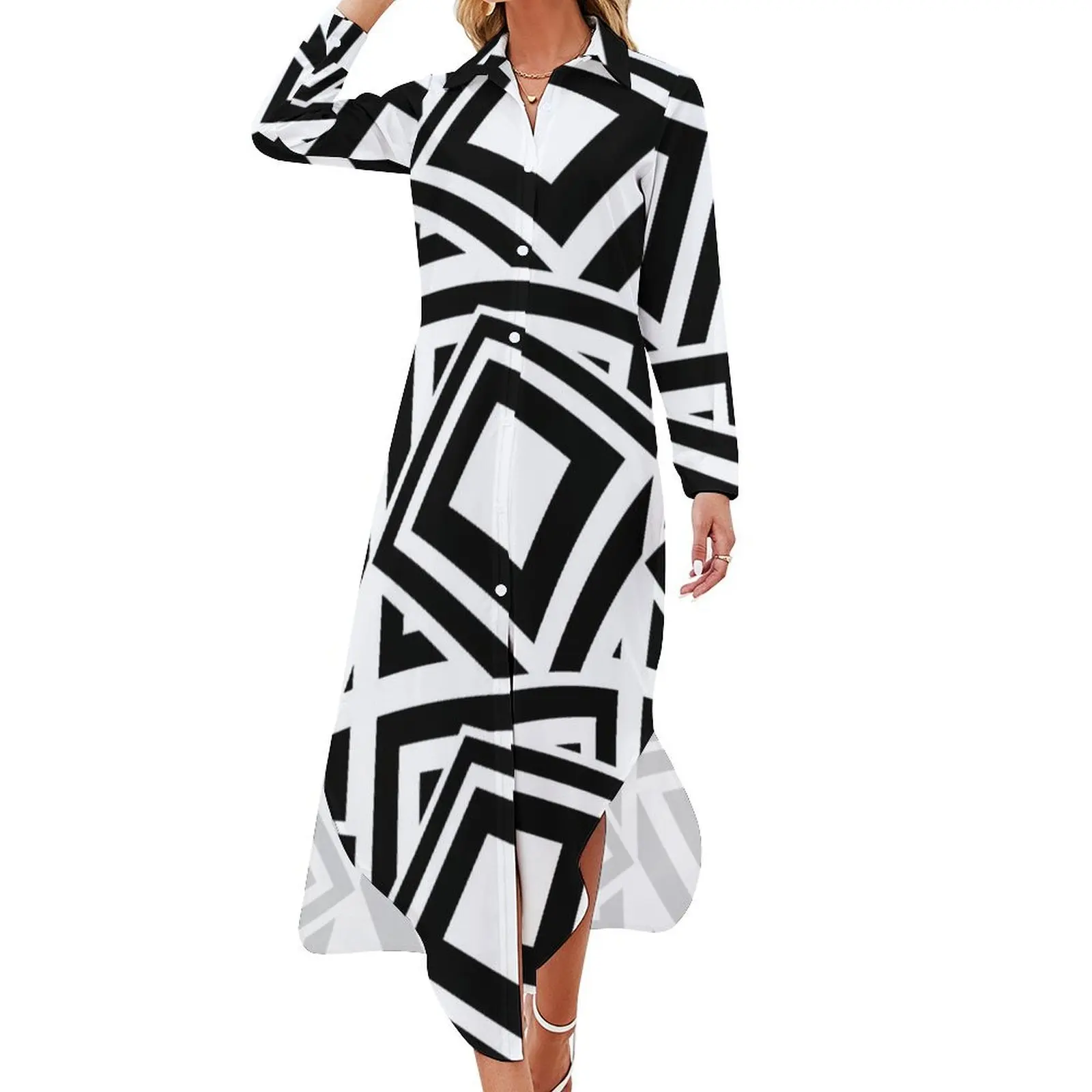 1960's Mod Squares in Black and White - Retro Abstract Long Sleeved Shirt Dress ceremony dresses dresses for official occasions