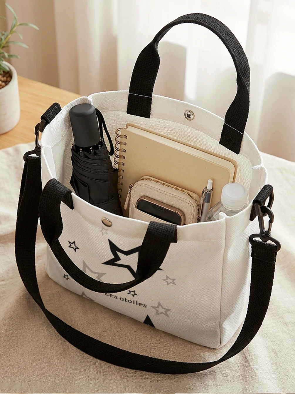 Black Grey Star Les etoiles Letter Print Tote Bag Detachable Strap Crossbody Handbag For Women Daily Shopping
