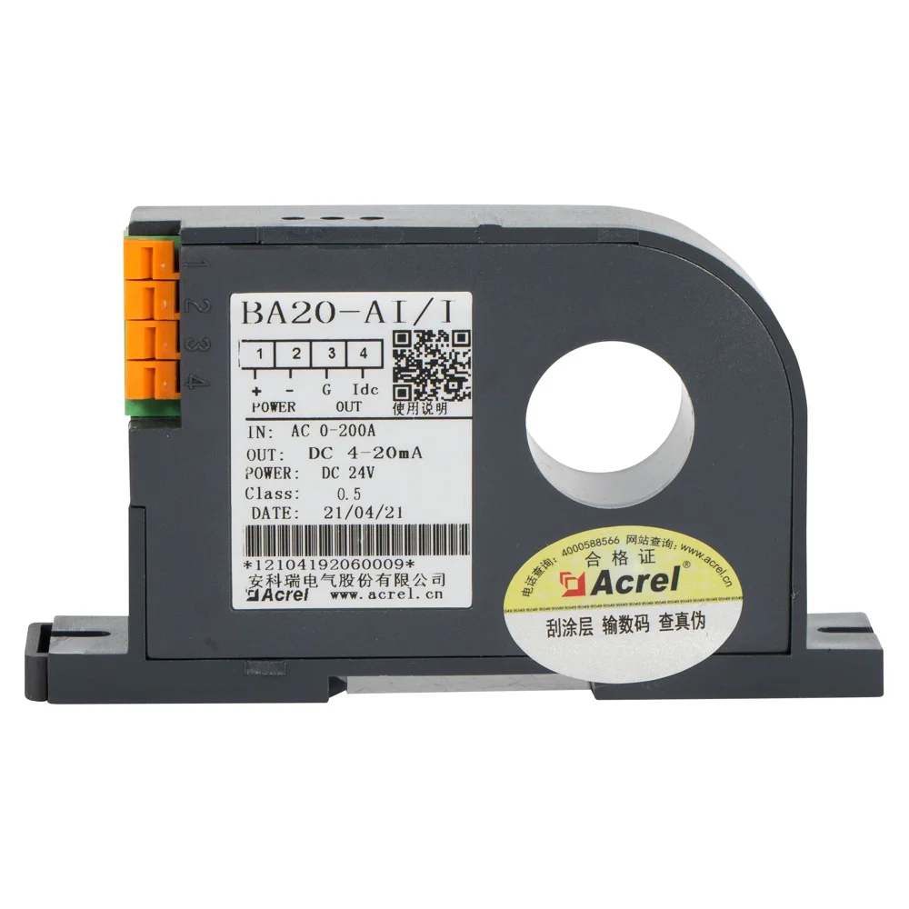 Acrel 0.66kV AC Current Transducer BA20-AI/I AC 0~200A Input DC 4~20mA Output Current Transducer Hole Size 20mm