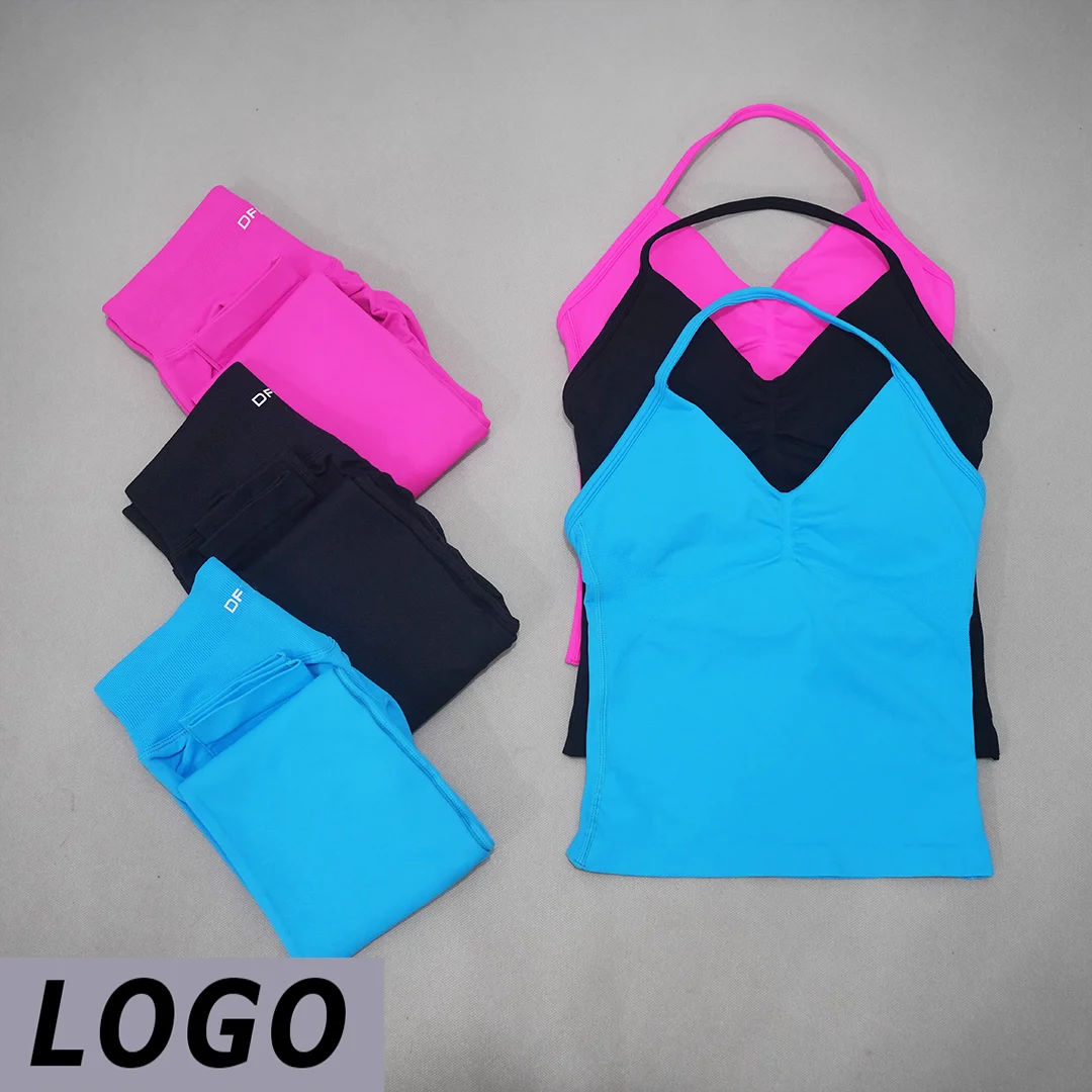 LOGO DF Women 2‑Piece Seamless Workout Suit V‑Neck Yoga Vest High Waist Butt Lifting Shorts Breathable Gym Running Fitness