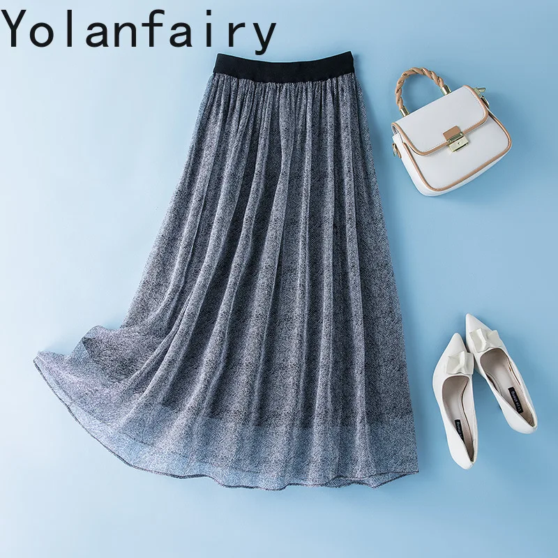 YOLANFAIRY 100% Real Mulberry Silk Skirts for Women 2026 Summer High Elastic Waist Skirt Woman Clothing Elegant Skirt Streetwear