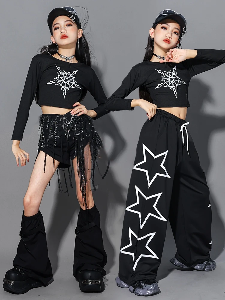 Kinderen Hip Hop Dans Kostuums Meisjes Zwarte Kpop Outfit Crop Top Shuffle Broek Hip Hop Street Dance Wear Mode Kleding AMY2517