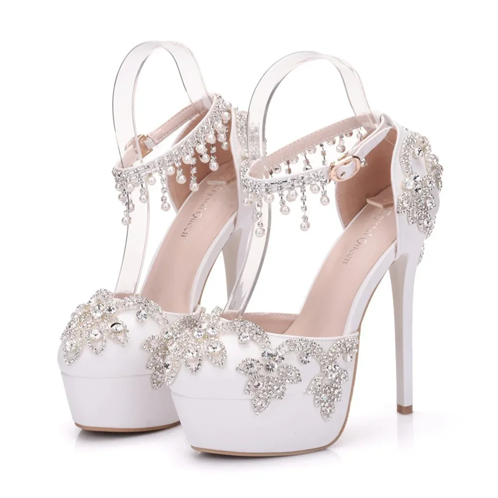 2024 Women Summer Sandals White Round Toe Bridal Wedding Women High Heels Dress Shoes Rhinestone Ankle Straps