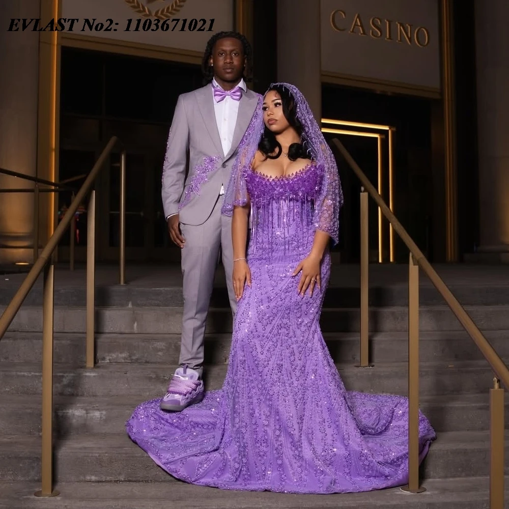 EVLAST Customized 2026 Lilac Mermaid Prom Dress For African Black Girls Crystal Beaded Tassel Evening Gown Robe De Soiree SP288 - view 3