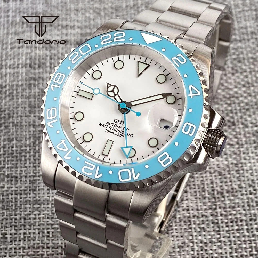 Tandorio Automatic NH34 Stainless Steel Men's Watch Blue 24H Bezel Sapphire Date GMT 40mm Mechanical Dive Wristwatch Luminous