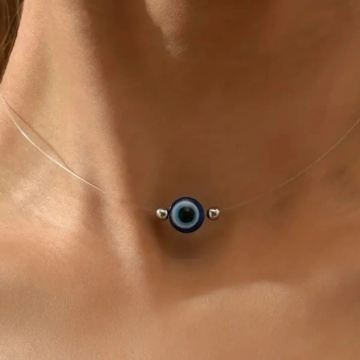 Minar Minimalist Blue Enamel Evil Eyes Pendant Necklaces for Women Mujer Transparent Fishing Line Chain Beads Strand Chokers