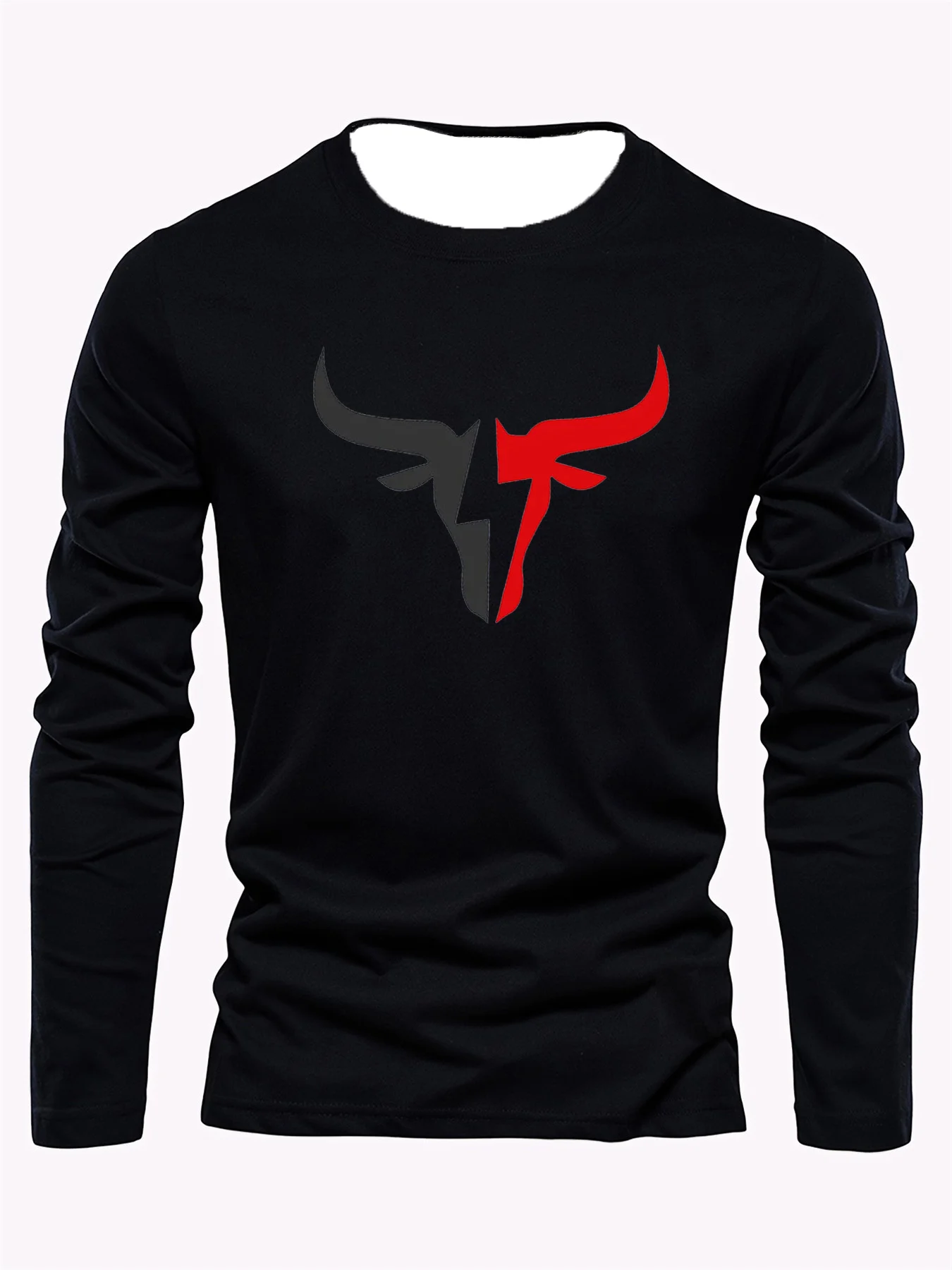 Men's Versatile Loose Fit Plus Size Comfortable Daily Casual Sports Bull Pattern Printed Round Neck Long Sleeved T-shirt Top