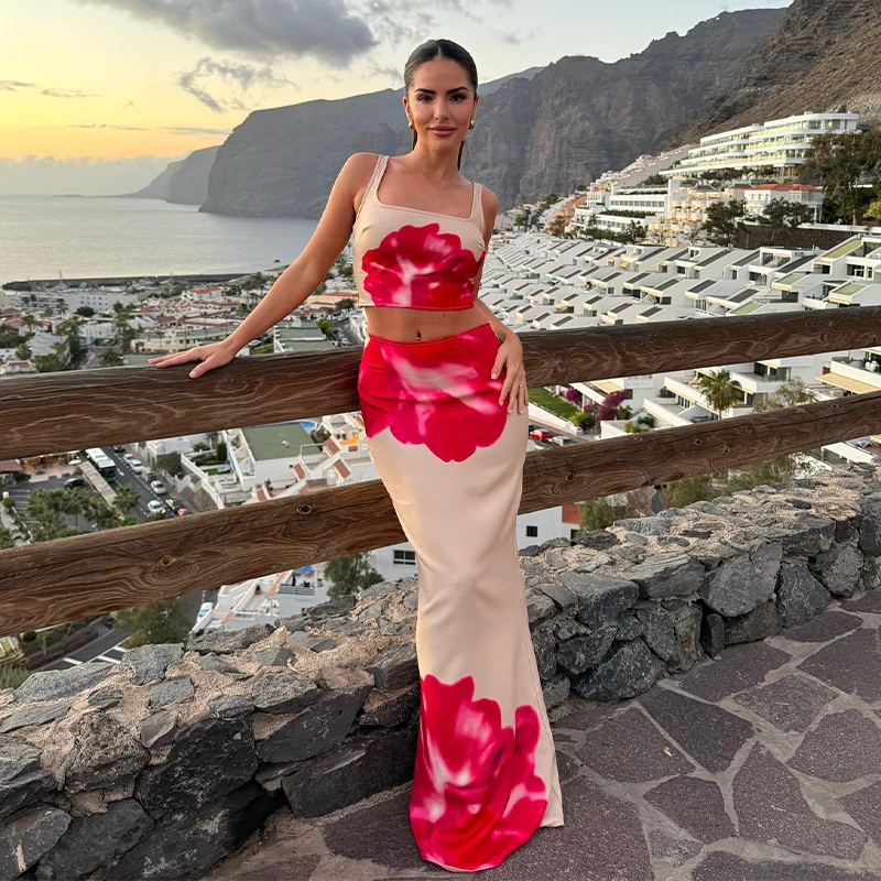 2024 صيف جديد عصري زهرة مطبوعة بلا أكمام حزام مع مكشوف السري فستان طويل مجموعة المرأة #1