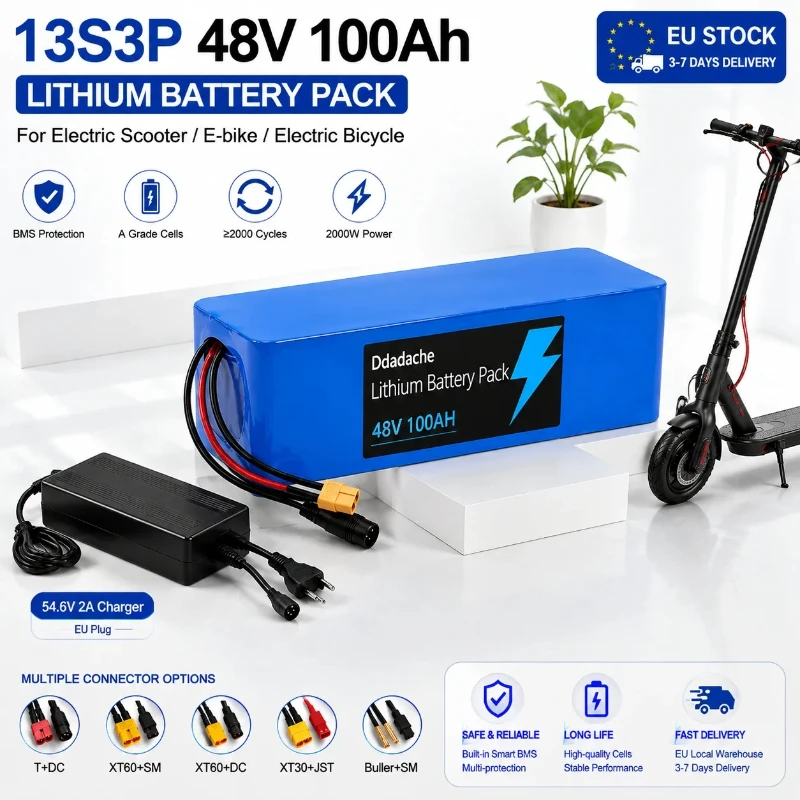 Batteria da 48 V, 100 Ah, 13S3P, 18650, pacco batterie al litio, BMS intelligente, caricabatterie da 54,6 V, monopattino elettrico, bicicletta elettrica, magazzino UE, spedizione rapida.