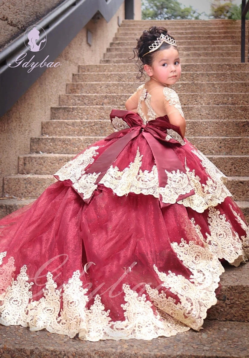 Robes de demoiselle d'honneur pour mariage, appliques en or blanc, nœud personnalisé, fête d'anniversaire pour enfants, robe de performance de première communion