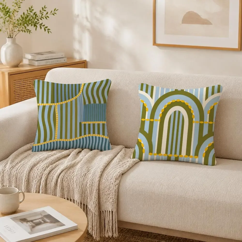 Khaki Turquoise Block Print Pillow Case Double-Sided Plush Sofa Cushion Covers Organic Breathable Invisible Zipper