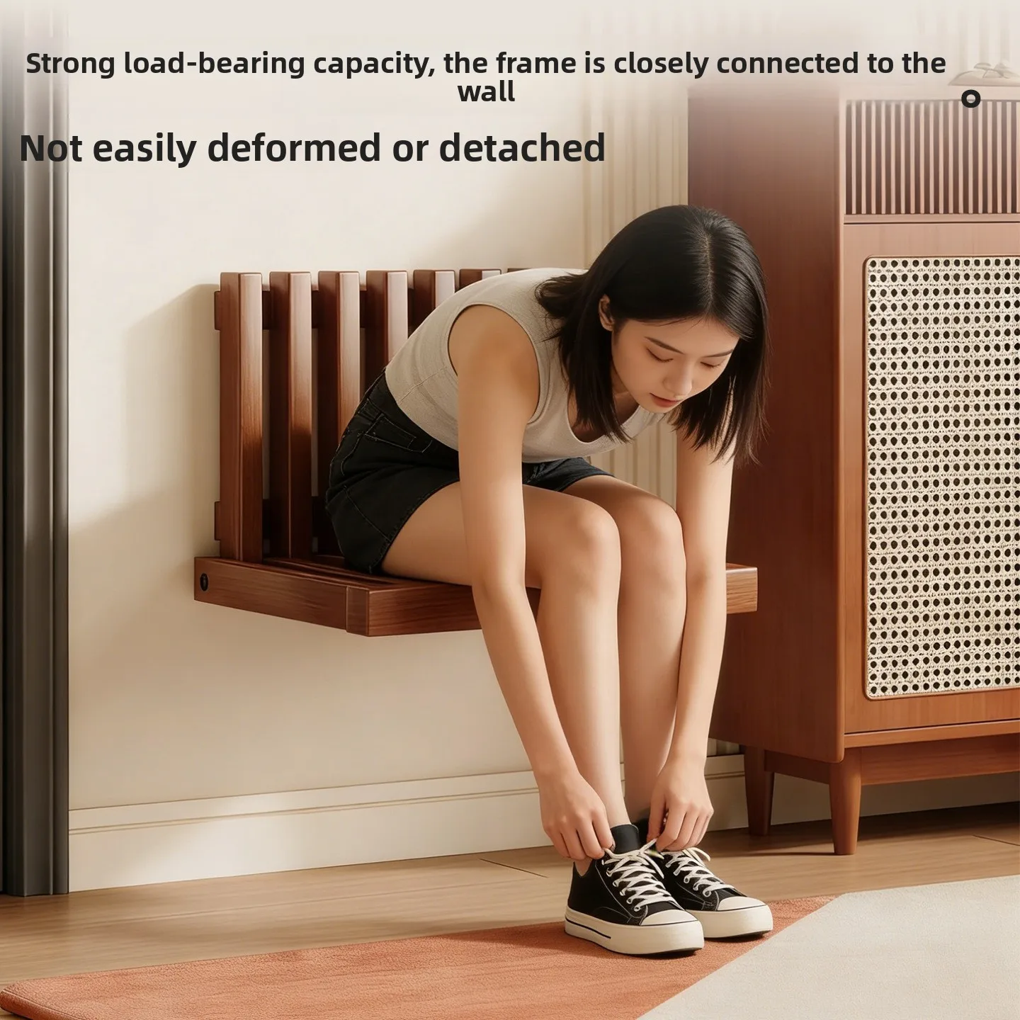 Solid wood folding shoe bench, wall-mounted home doorway shoe stool, entryway folding chair