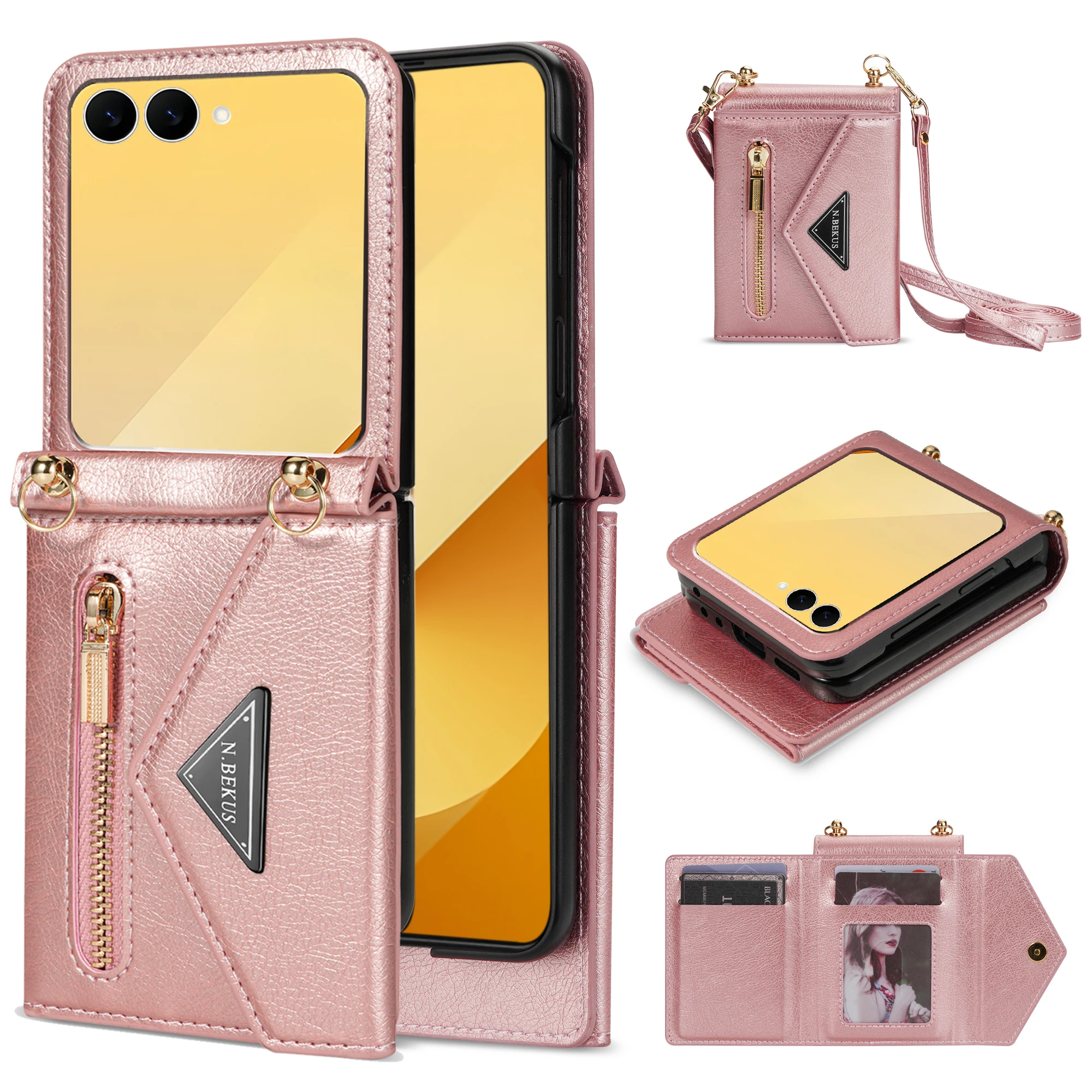 Für Samsung Galaxy Z Flip 8 7E 7 6 5 4 Crossbody Leder-Brieftaschenhülle mit Geldbörse, Kartenhalter, Trageband und stoßfester Rückabdeckung