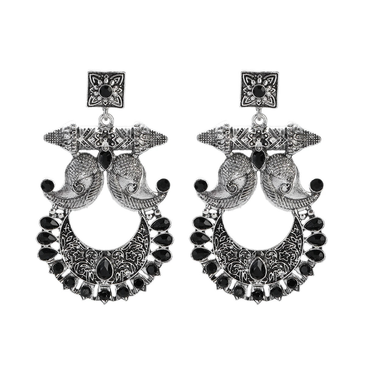 Indian Jhumka Silver Color Geometric Earrings Gypsy Afghan Jewelry Retro Ethnic Carved Black Crystal Dangle Earrings for Women