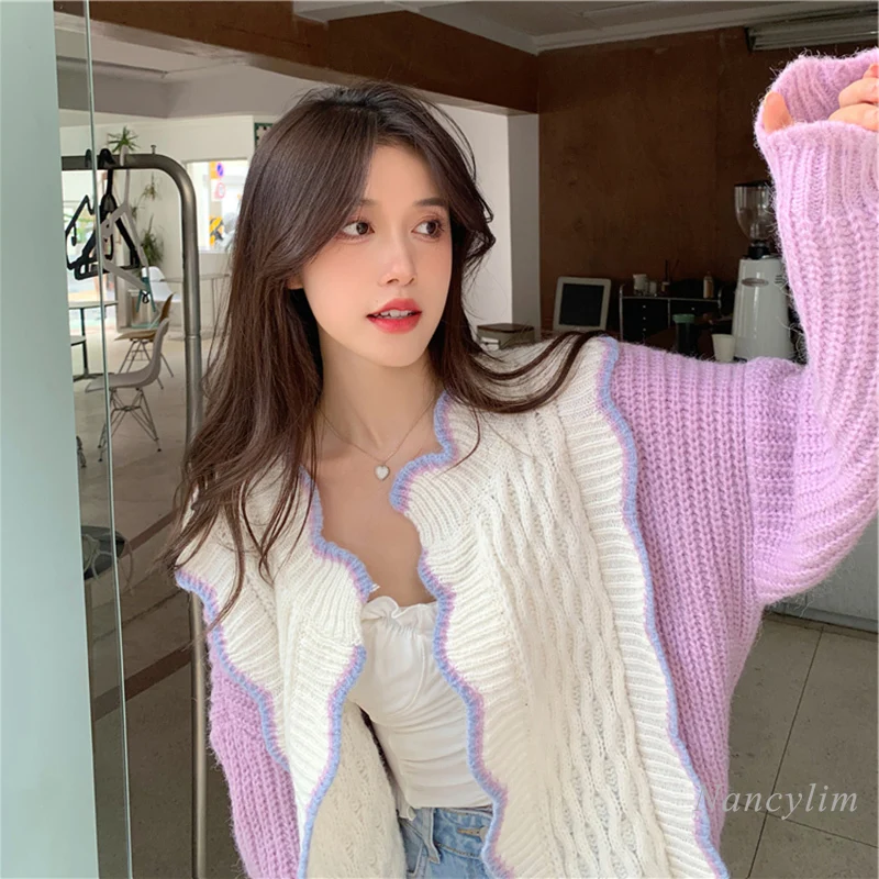 

Purple Sweaters Coats 2024 Popular Autumn Women's Clothing Sweet Tops Niche Knitted Cardigans Patchwork Wave Edge Sweater